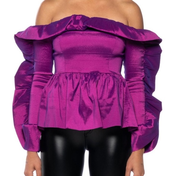 Callie Shimmer:  Slightly Stretchy Taffeta Ruffle Off Shoulder Purple Blouse SM - Picture 2 of 7